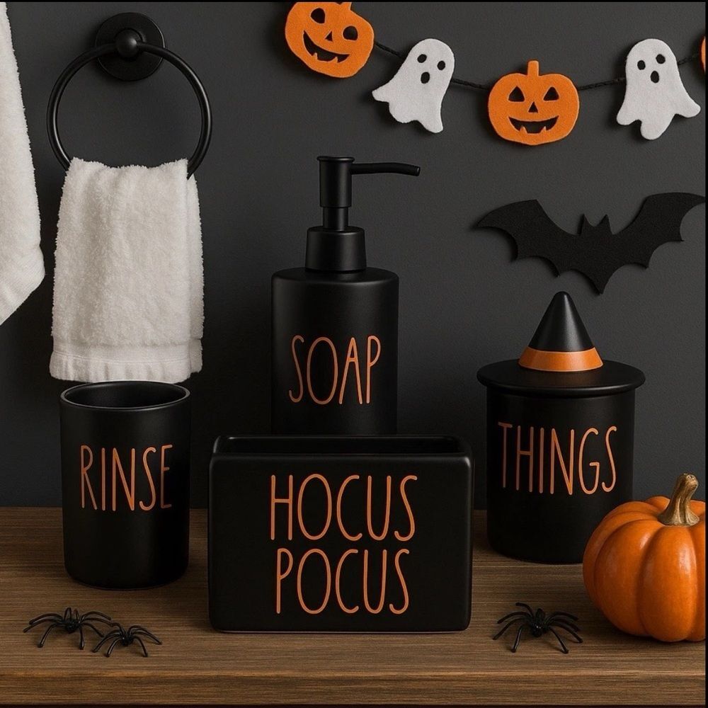 Rae Dunn Halloween Bathroom Set Hocus Pocus Soap Rinse Things Orange Witch Hat